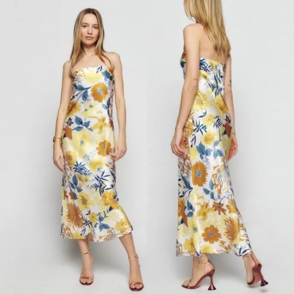 NWT Reformation Joana Strapless Silk Charmeuse Midi Dress Sz XS Livia Floral - Picture 1 of 8